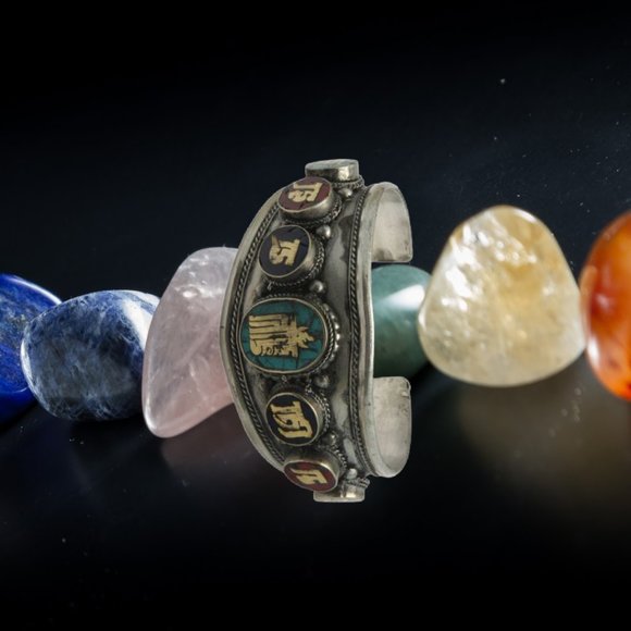 Multi Color Kalachakra White Metal Bracelet - Picture 3 of 3